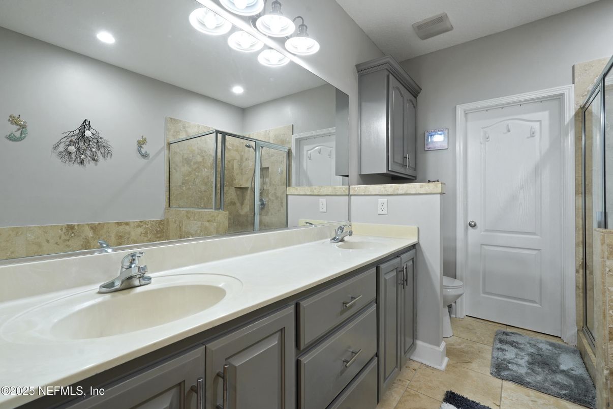 Bathroom, Dual Sink Vanities, Glass Shower, Interior, Recessed Lighting
