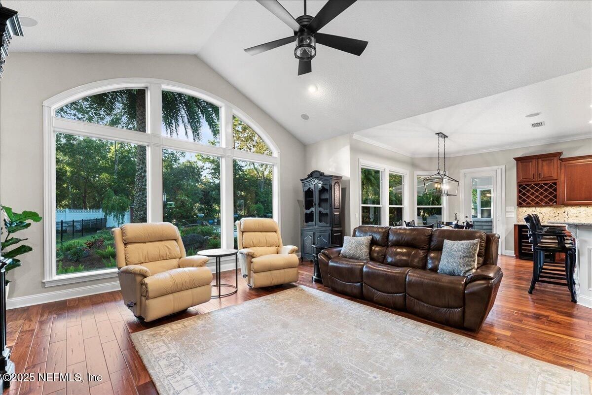 Dining room, Interior, Living room, Pendant Lights, Recessed Lighting, Wood Texture Flooring