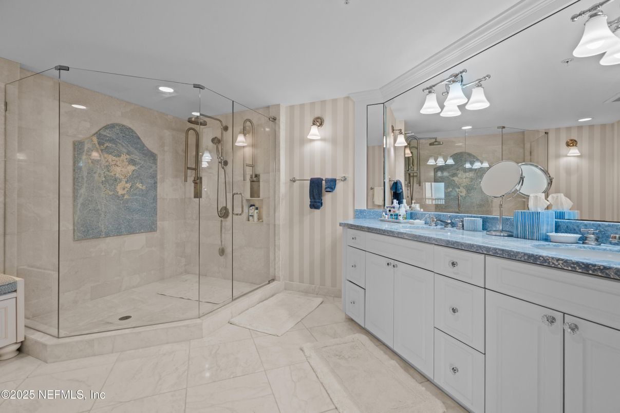 Bathroom, Dual Sink Vanities, Glass Shower, Interior, Recessed Lighting