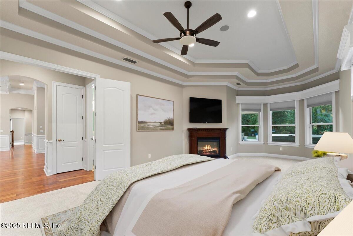 Bedroom, Fireplace, Interior, Recessed Lighting, Wood Texture Flooring