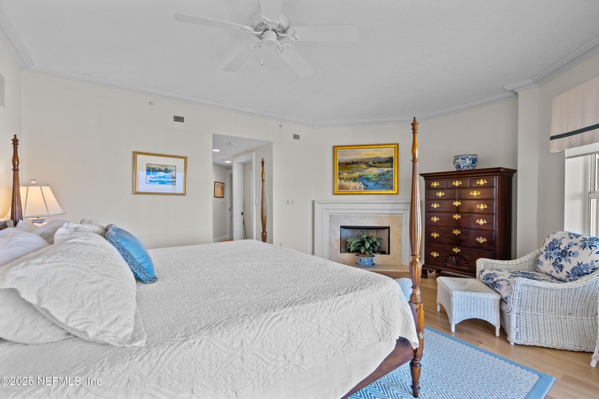 Bedroom, Fireplace, Interior, Wood Texture Flooring
