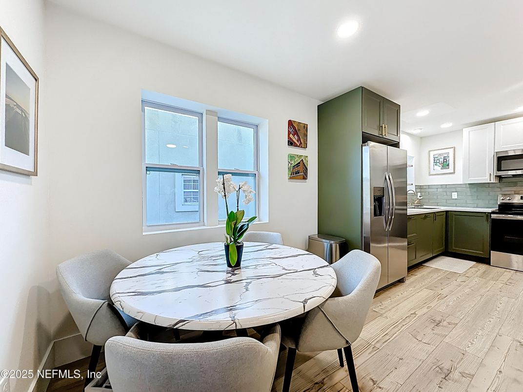 Dining room, Interior, Kitchen, Recessed Lighting, Stainless Steel Appliances, Wood Texture Flooring