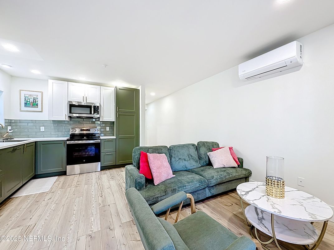 Interior, Kitchen, Living room, Recessed Lighting, Stainless Steel Appliances, Wood Texture Flooring