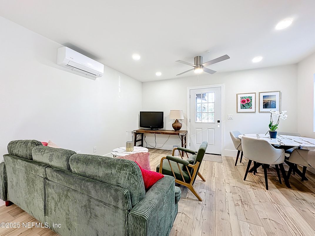 Dining room, Interior, Living room, Recessed Lighting, Wood Texture Flooring