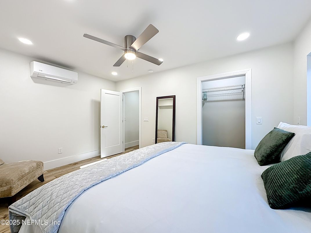 Bedroom, Interior, Recessed Lighting, Wood Texture Flooring