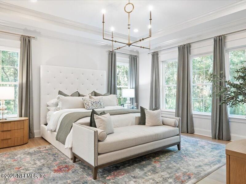 Bedroom, Interior, Pendant Lights, Wood Texture Flooring