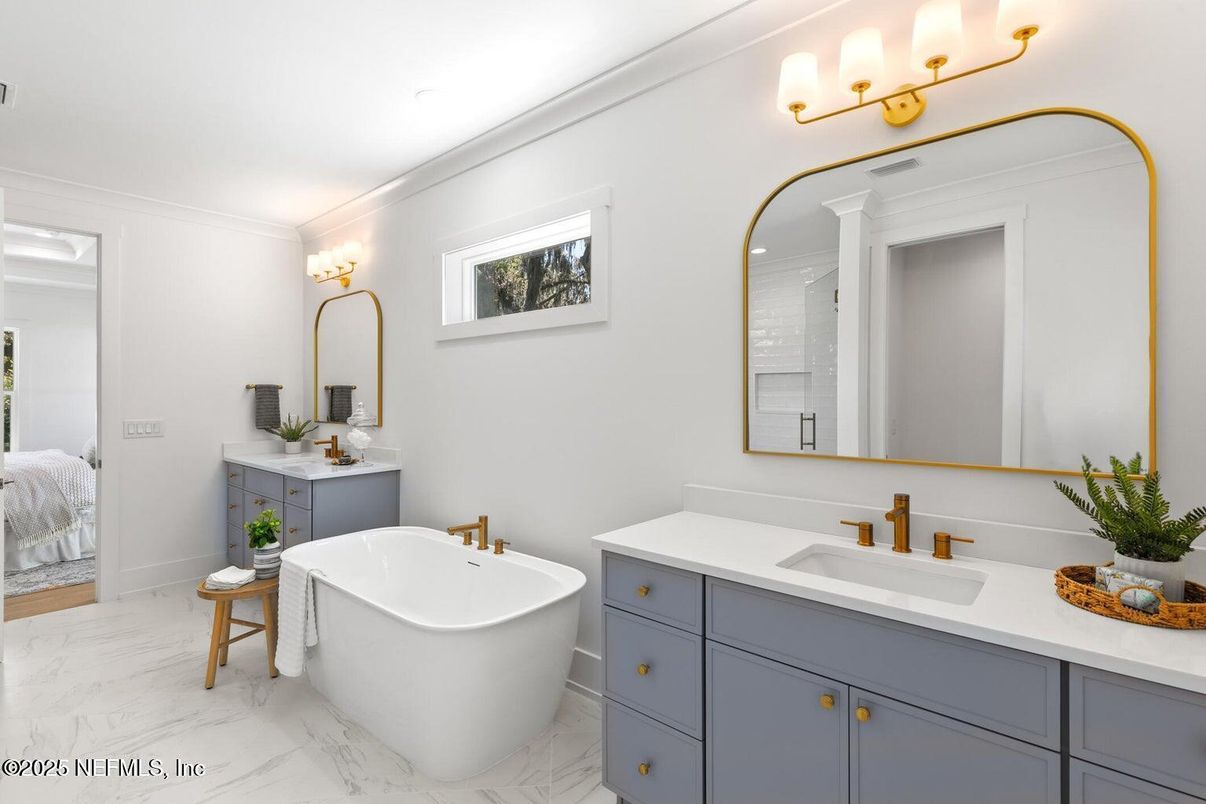 Bathroom, Dual Sink Vanities, Free Standing Baths, Interior, Marble