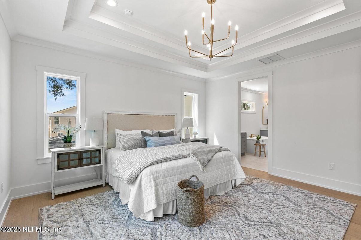 Bedroom, Chandelier, Interior, Recessed Lighting, Wood Texture Flooring