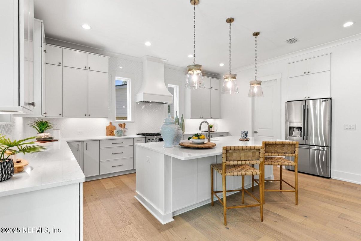 Interior, Kitchen, Pendant Lights, Recessed Lighting, Stainless Steel Appliances, Wood Texture Flooring