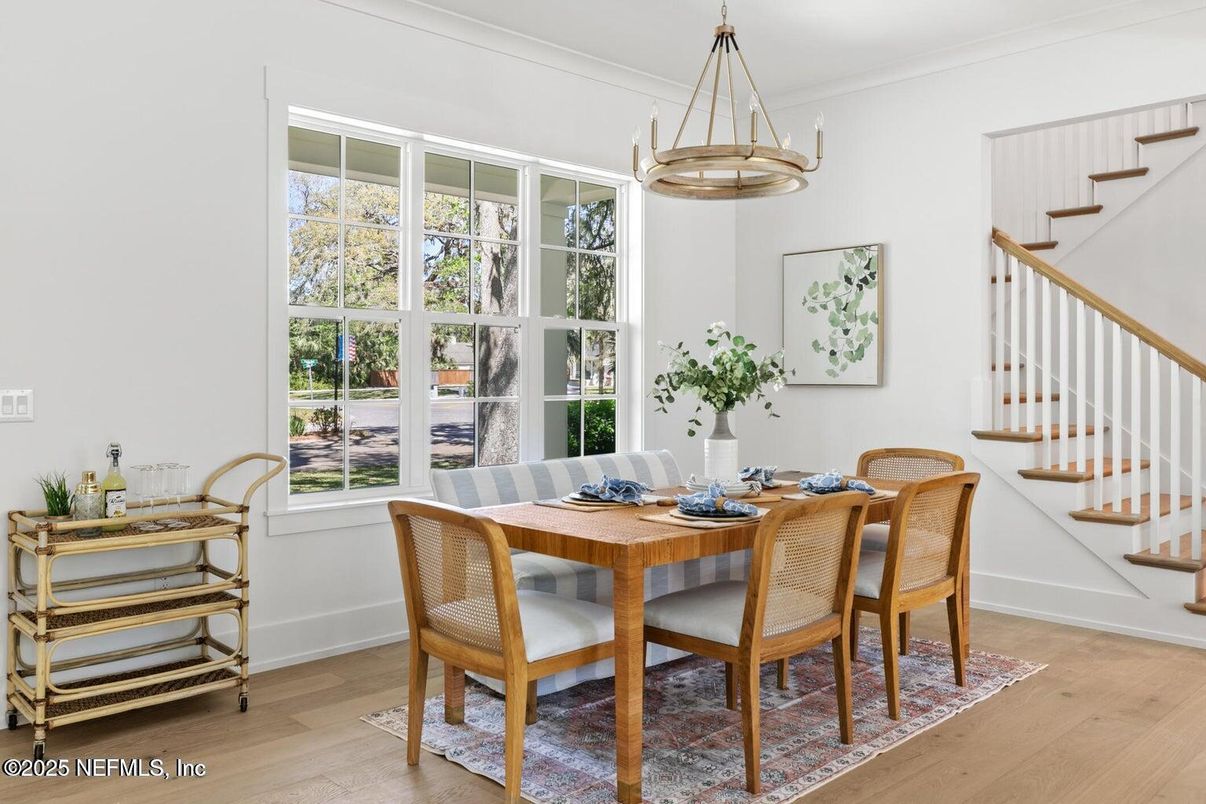 Dining room, Interior, Pendant Lights, Wood Texture Flooring