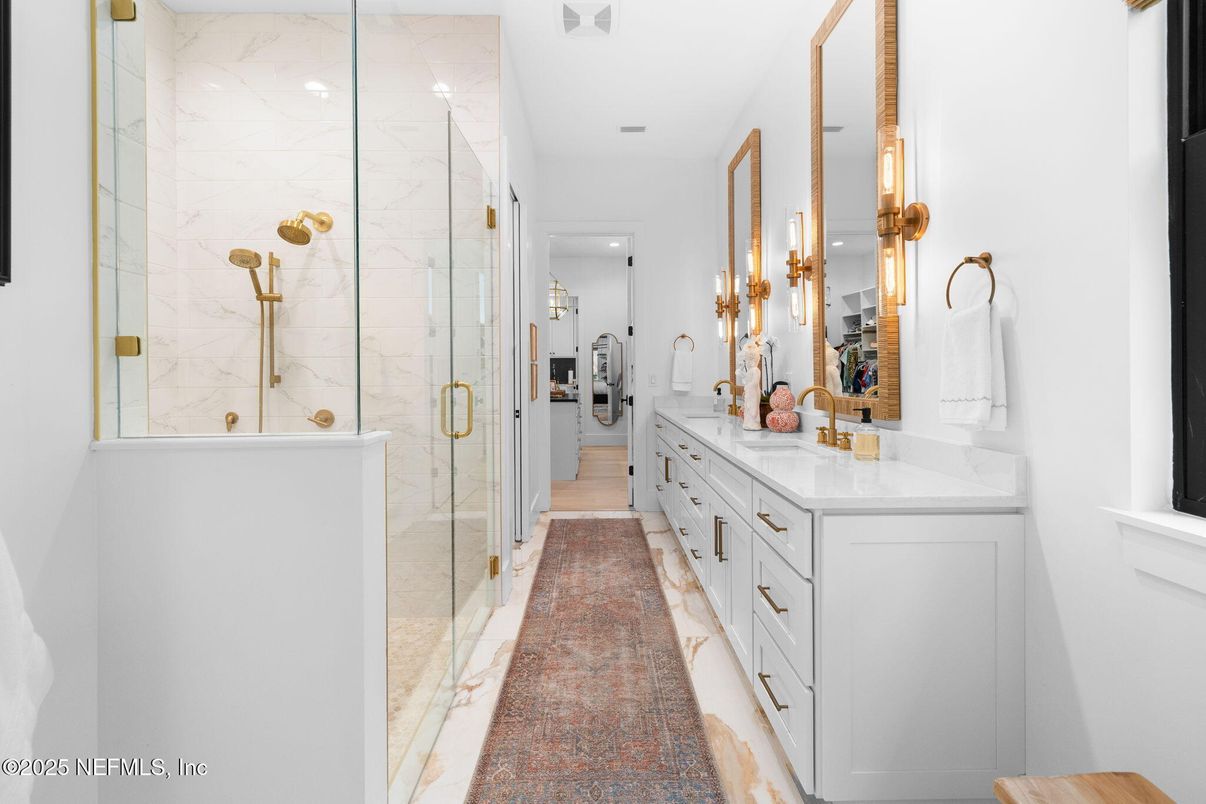 Bathroom, Dual Sink Vanities, Glass Shower, Interior, Marble Walls, Recessed Lighting