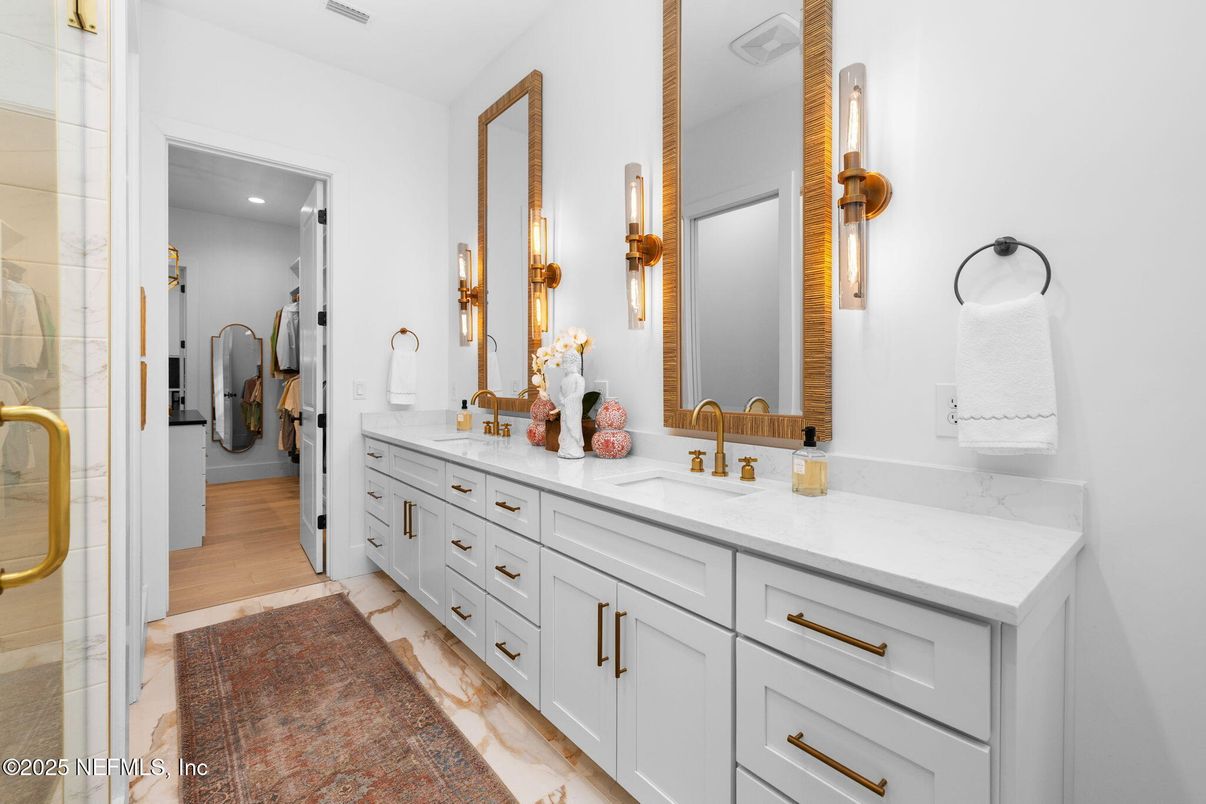 Bathroom, Dual Sink Vanities, Glass Shower, Interior, Recessed Lighting, Wood Texture Flooring