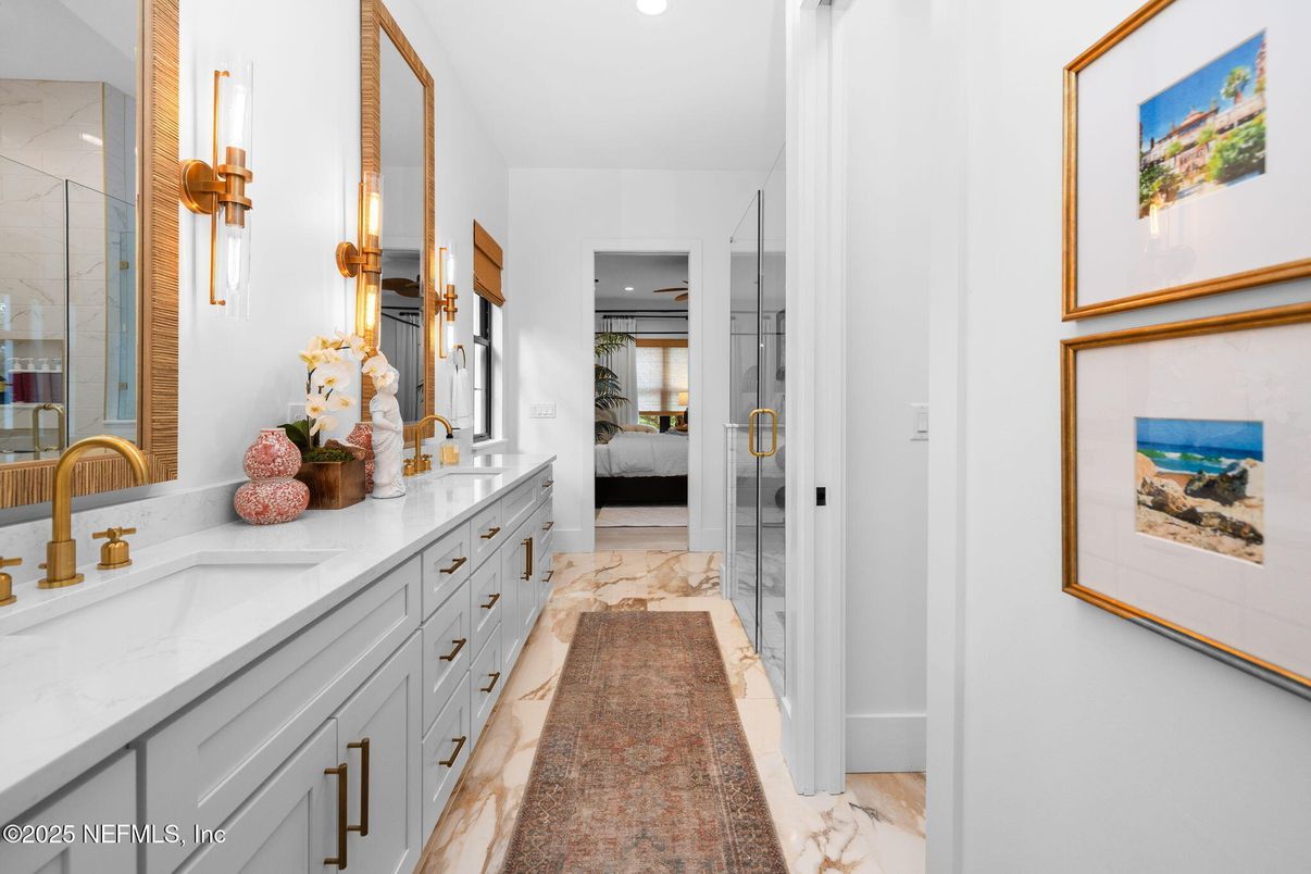 Bathroom, Dual Sink Vanities, Interior, Marble, Recessed Lighting