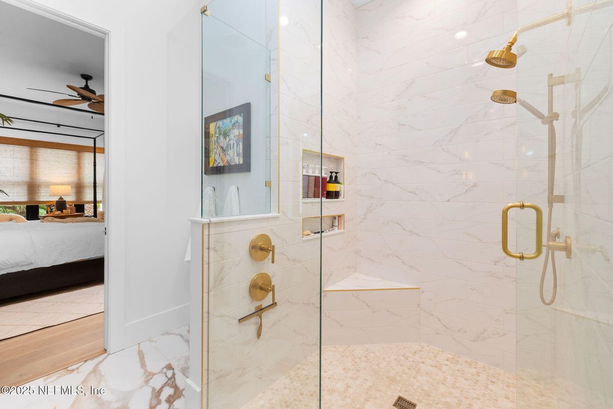 Bathroom, Bedroom, Glass Shower, Interior, Marble, Marble Walls, Recessed Lighting