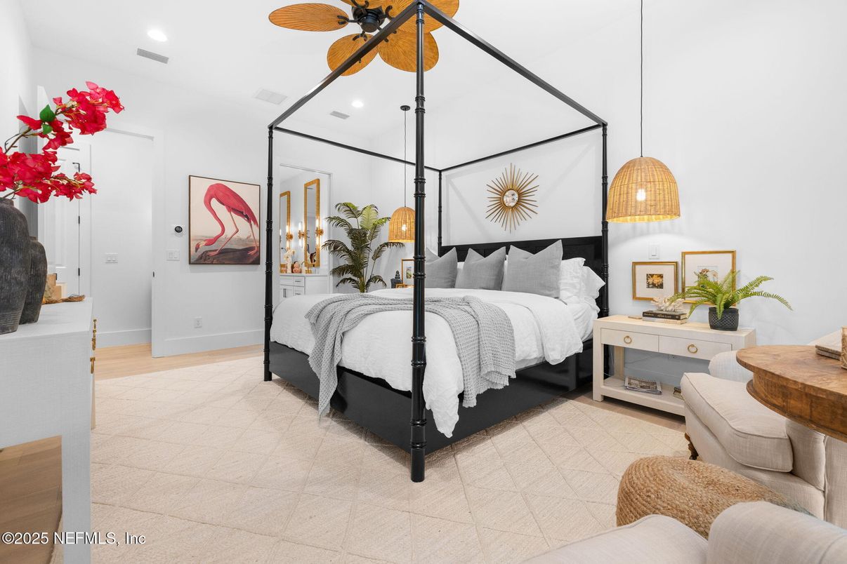 Bedroom, Interior, Pendant Lights, Recessed Lighting, Wood Texture Flooring