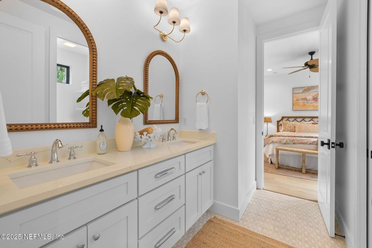 Bathroom, Bedroom, Dual Sink Vanities, Interior, Recessed Lighting, Wood Texture Flooring