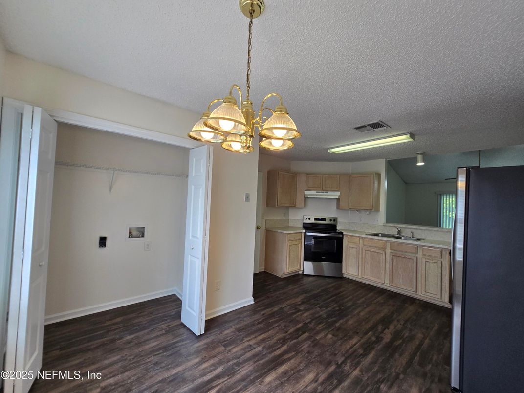 Interior, Kitchen, Pendant Lights, Stainless Steel Appliances, Wood Texture Flooring