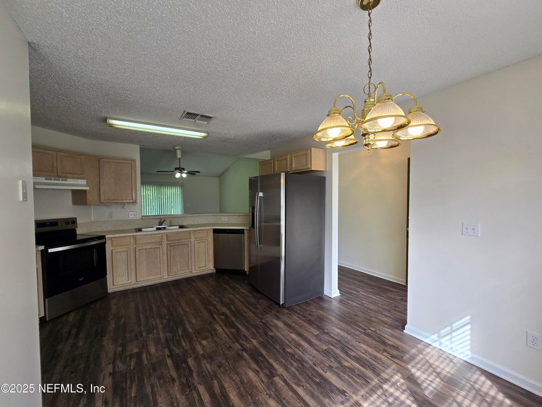 Interior, Kitchen, Pendant Lights, Stainless Steel Appliances, Wood Texture Flooring