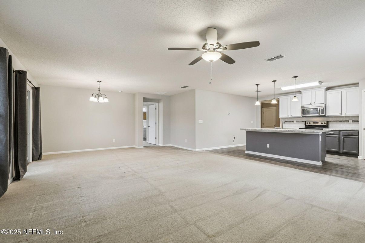Empty room, Interior, Kitchen, Pendant Lights, Stainless Steel Appliances