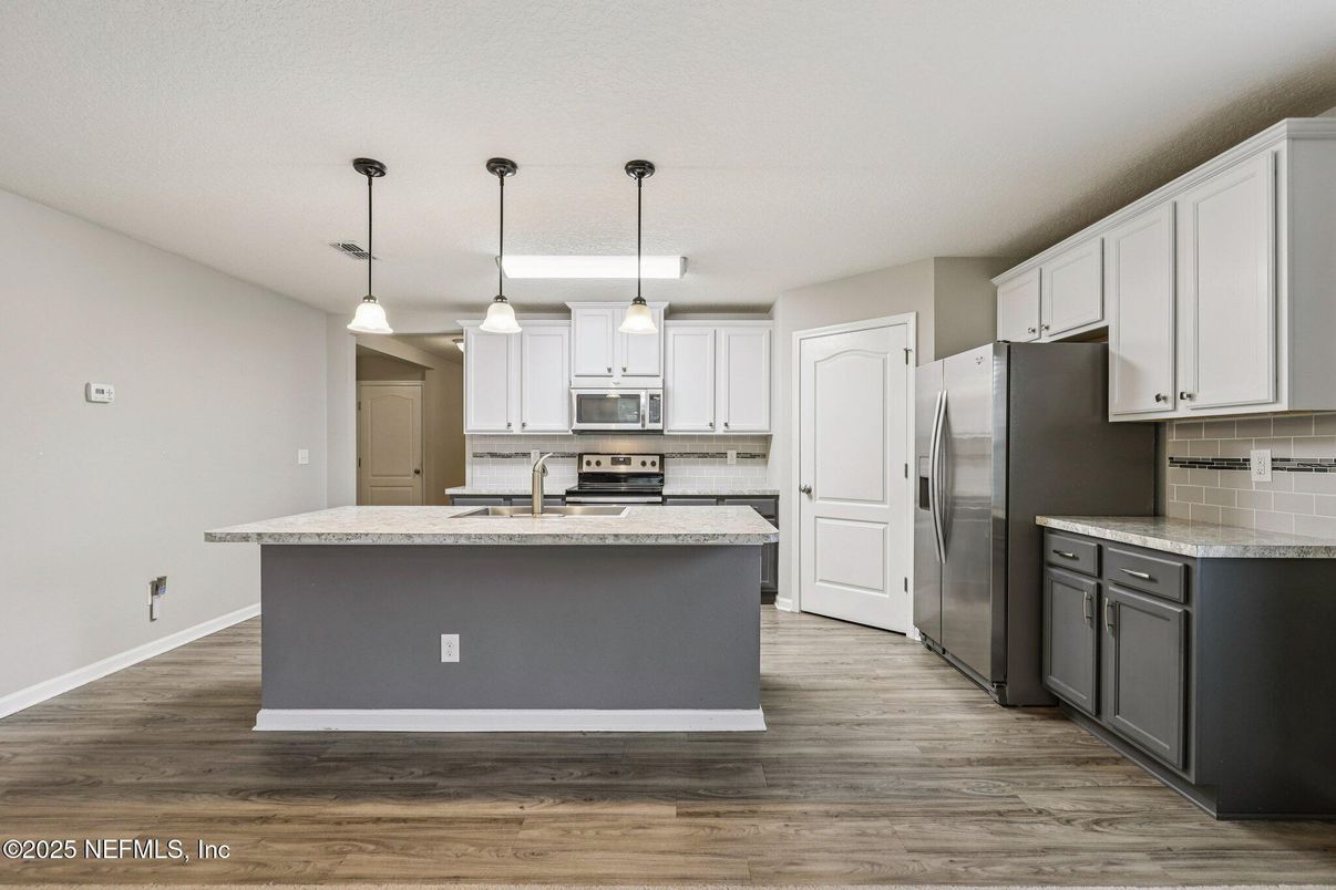 Interior, Kitchen, Pendant Lights, Stainless Steel Appliances, Wood Texture Flooring
