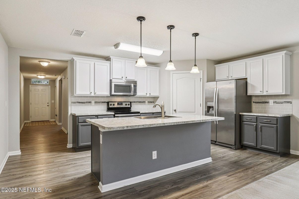 Interior, Kitchen, Pendant Lights, Stainless Steel Appliances, Wood Texture Flooring