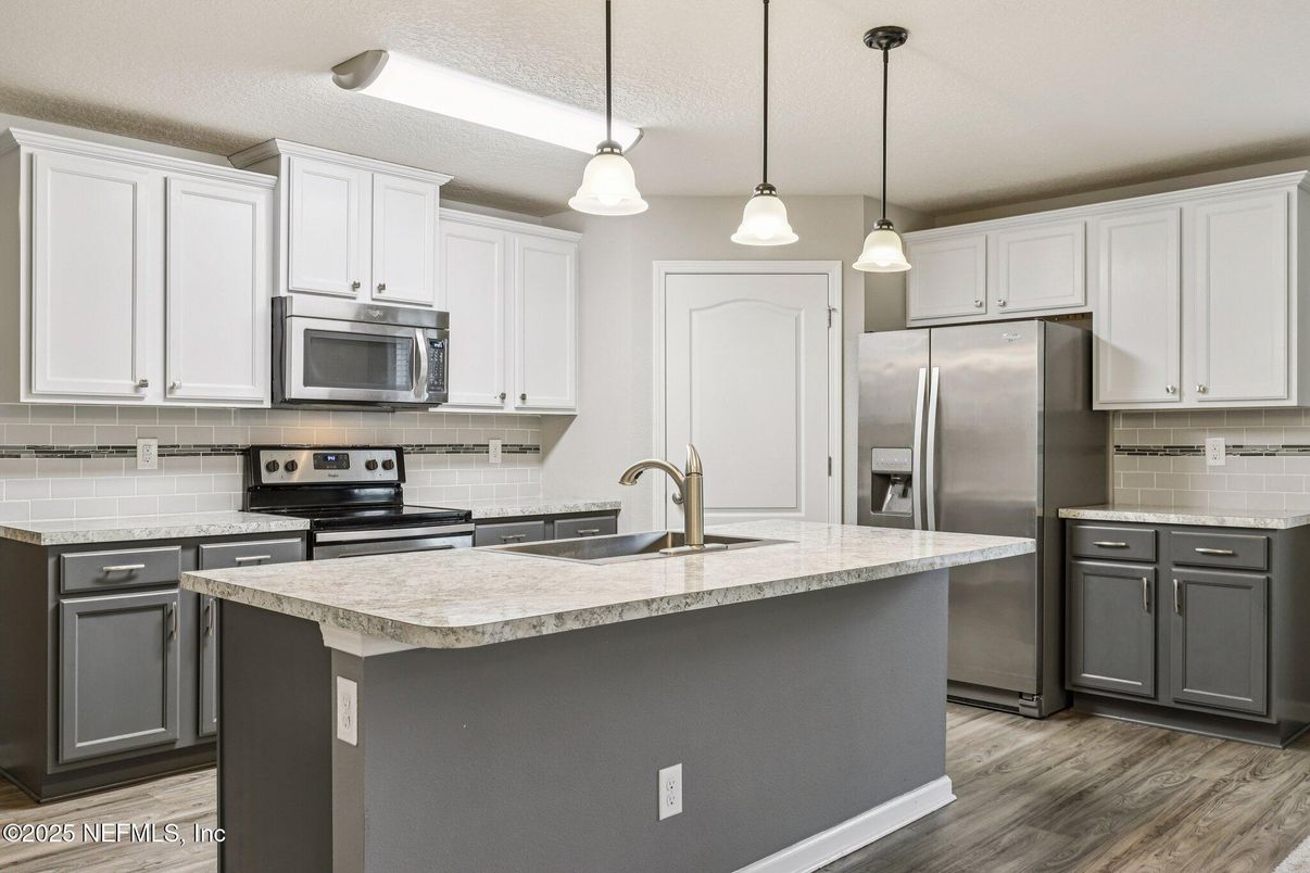 Interior, Kitchen, Pendant Lights, Stainless Steel Appliances, Wood Texture Flooring