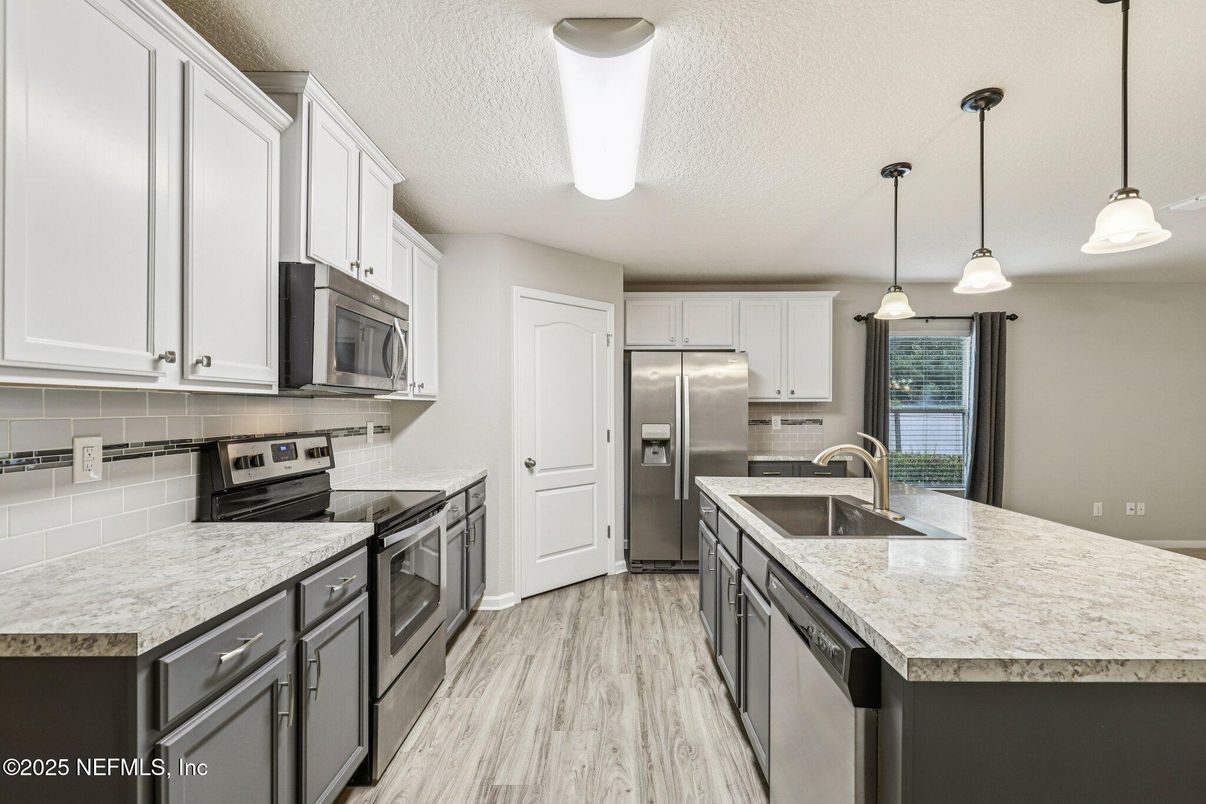 Interior, Kitchen, Pendant Lights, Stainless Steel Appliances, Wood Texture Flooring