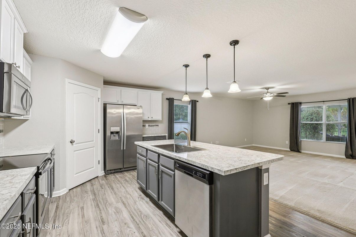 Interior, Kitchen, Pendant Lights, Stainless Steel Appliances, Wood Texture Flooring