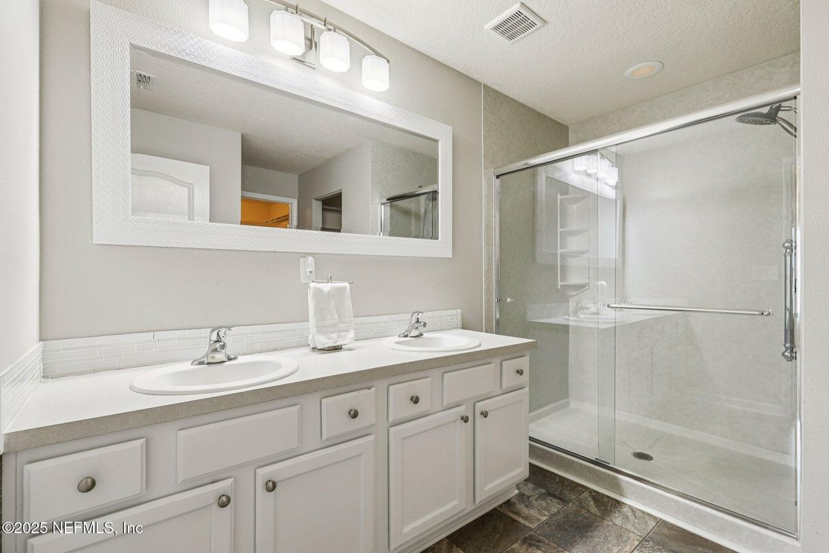 Bathroom, Dual Sink Vanities, Glass Shower, Interior, Recessed Lighting