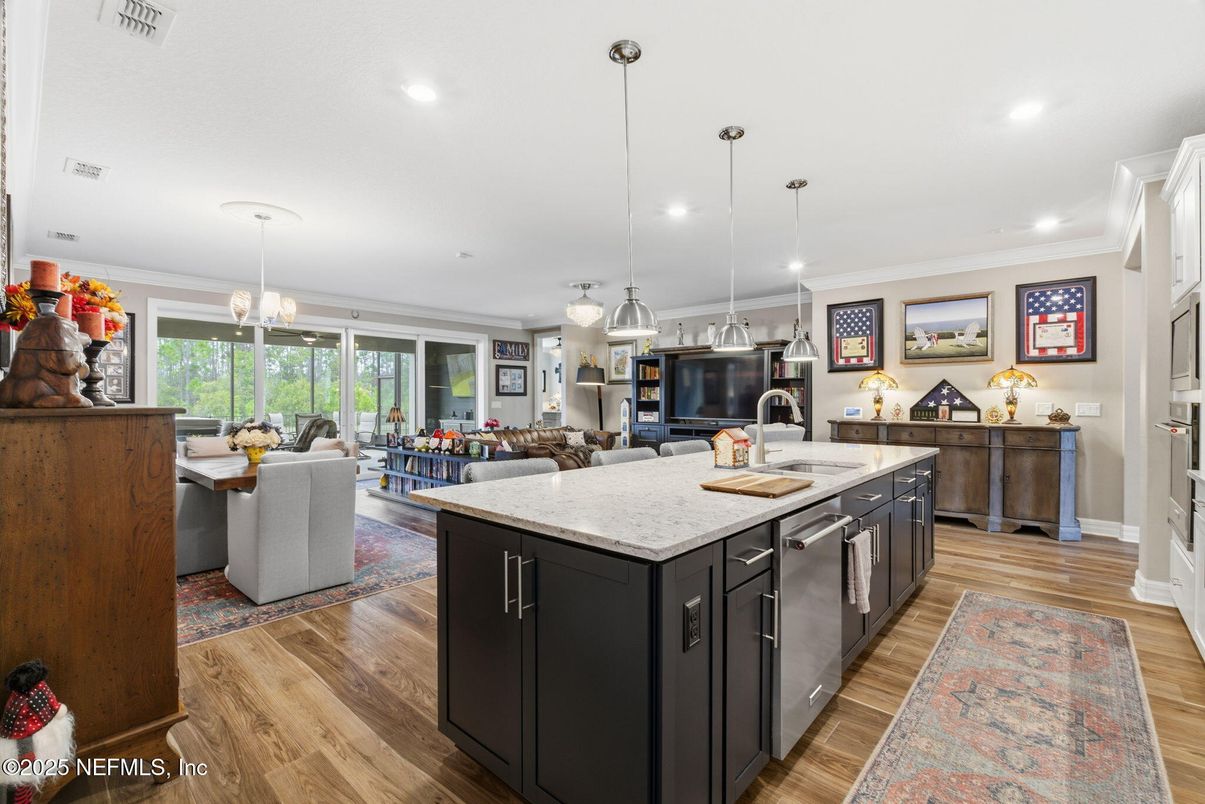 Interior, Kitchen, Living room, Pendant Lights, Recessed Lighting, Wood Texture Flooring