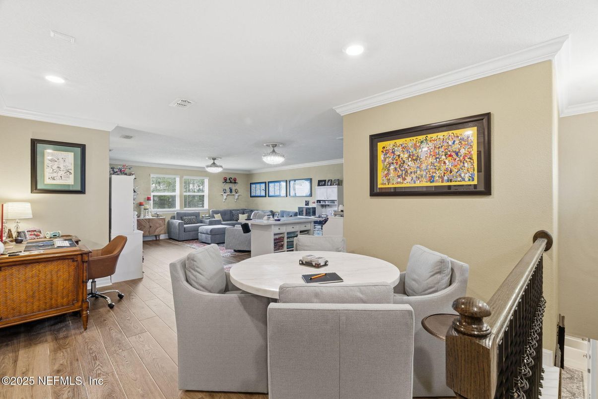 Dining room, Interior, Living room, Recessed Lighting, Wood Texture Flooring