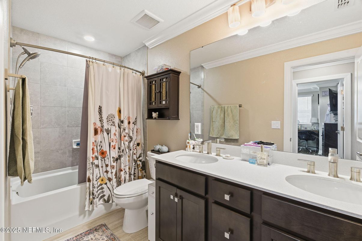 Bathroom, Dual Sink Vanities, Interior, Recessed Lighting, Wood Texture Flooring