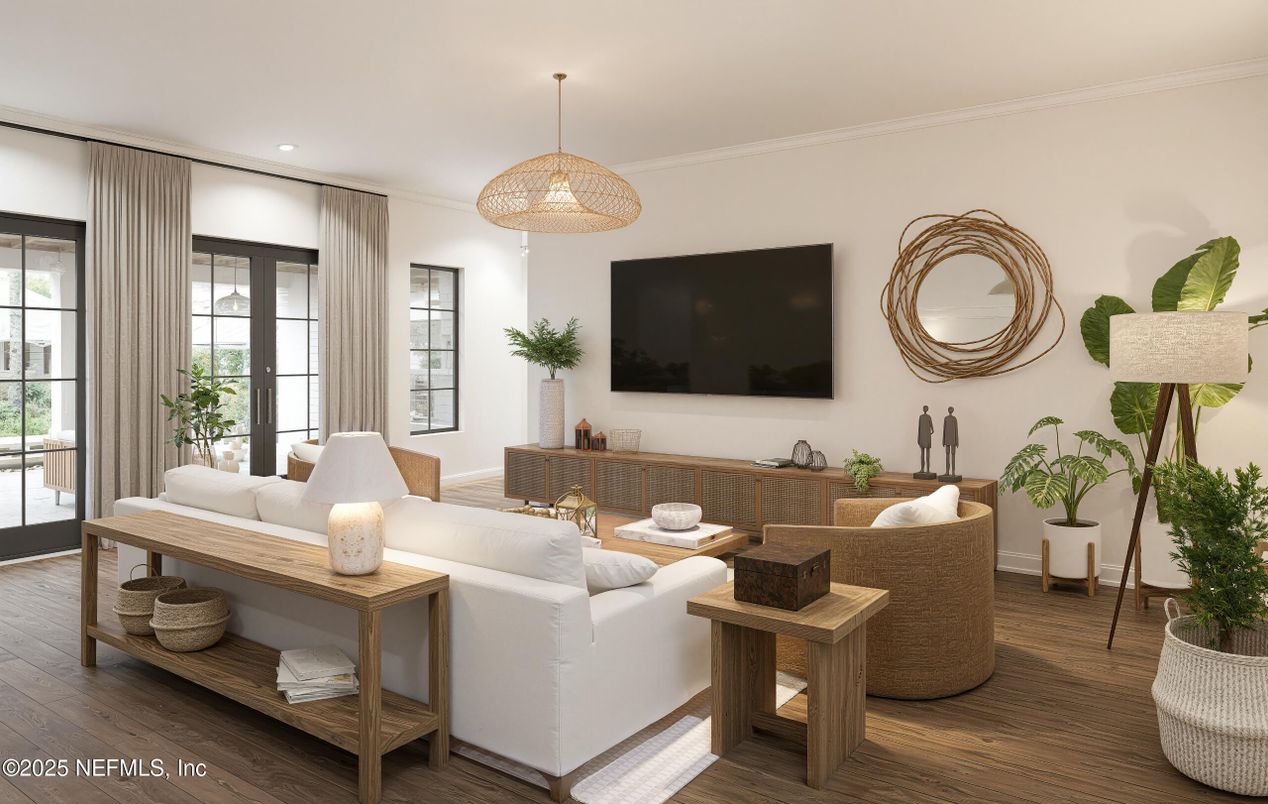 Interior, Living room, Pendant Lights, Recessed Lighting, Wood Texture Flooring