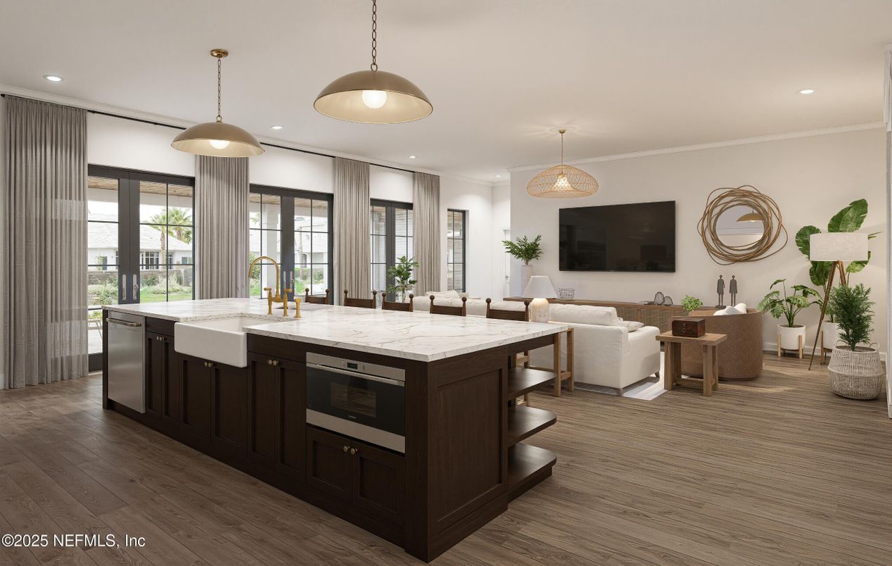 Interior, Kitchen, Living room, Pendant Lights, Recessed Lighting, Stainless Steel Appliances, Wood Texture Flooring