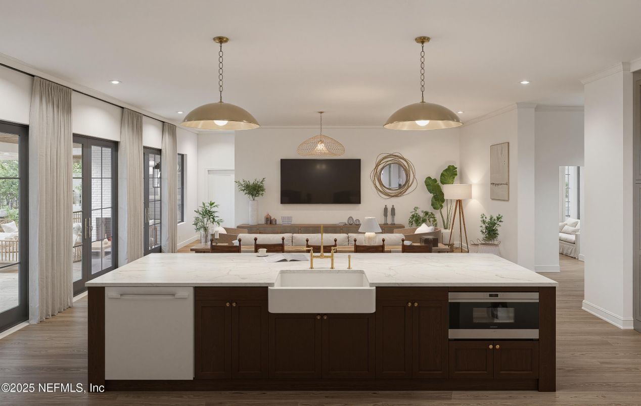 Interior, Kitchen, Living room, Pendant Lights, Recessed Lighting, Wood Texture Flooring