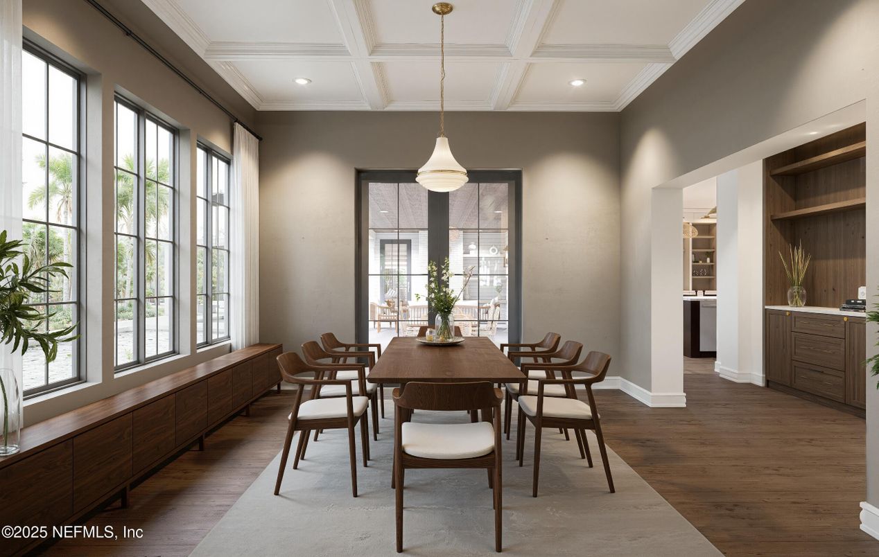 Dining room, Interior, Pendant Lights, Recessed Lighting, Wood Texture Flooring