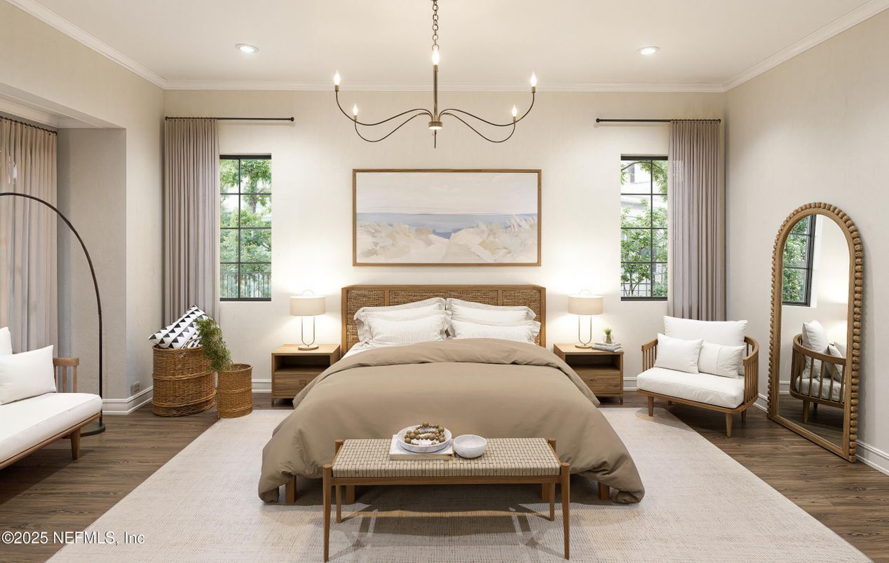 Bedroom, Chandelier, Interior, Recessed Lighting, Wood Texture Flooring