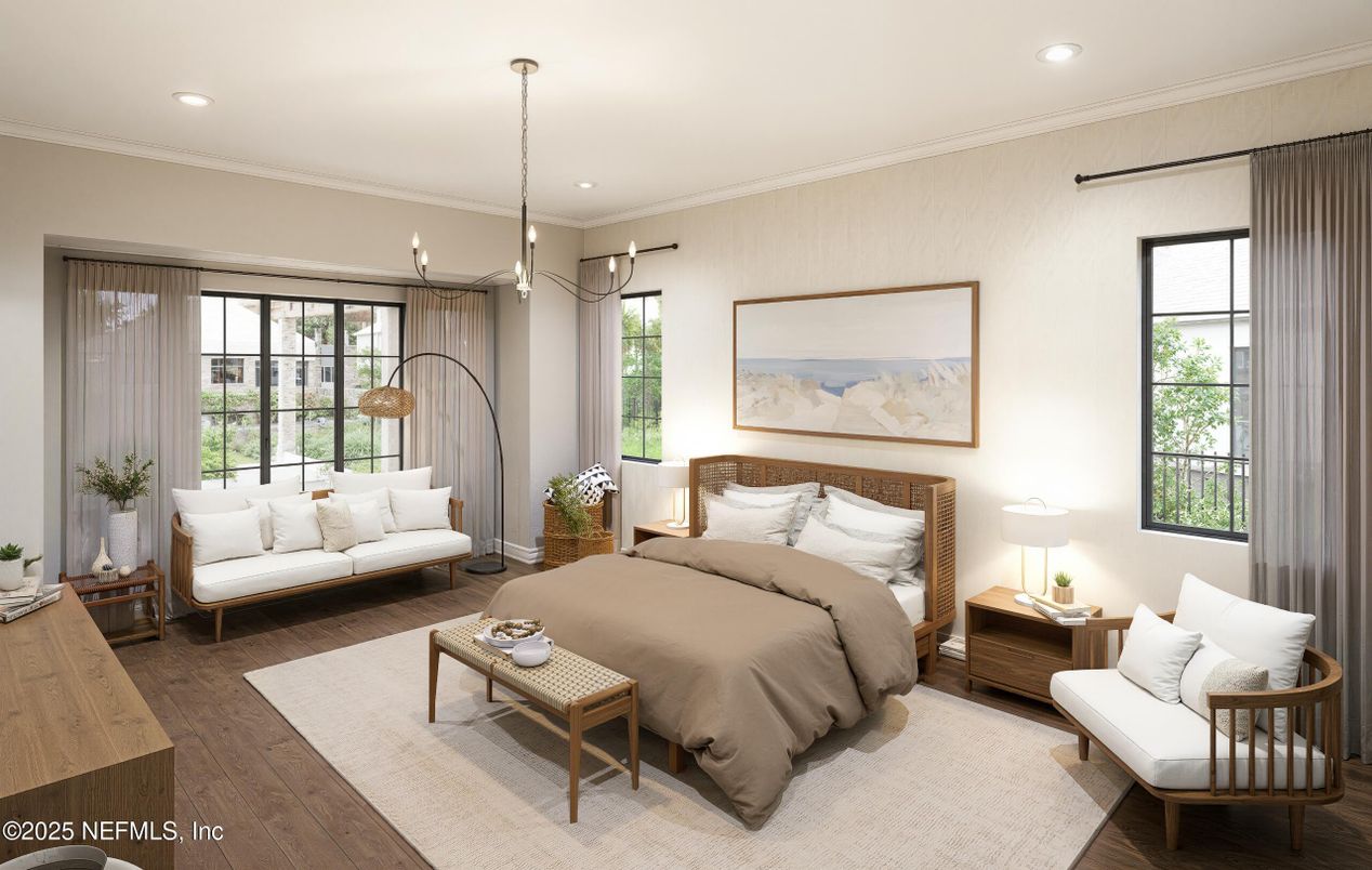 Bedroom, Interior, Pendant Lights, Recessed Lighting, Wood Texture Flooring