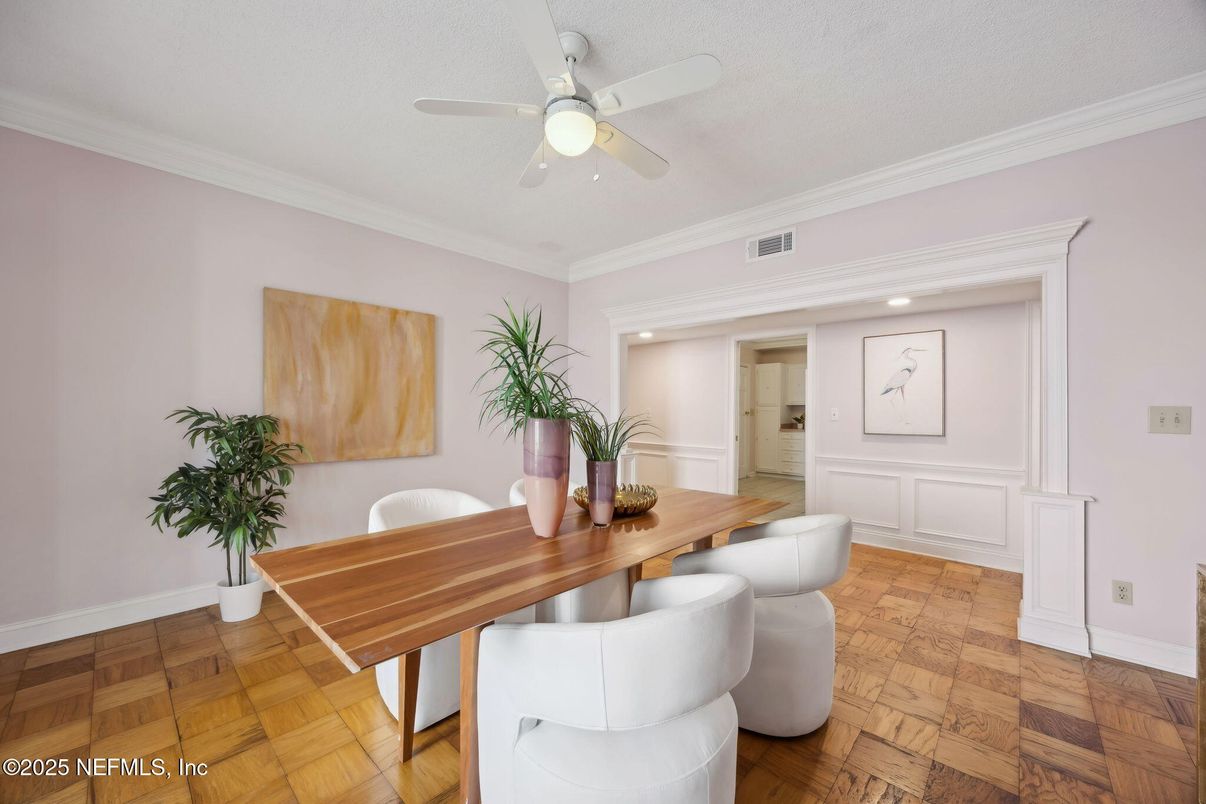 Dining room, Interior, Recessed Lighting, Wood Texture Flooring