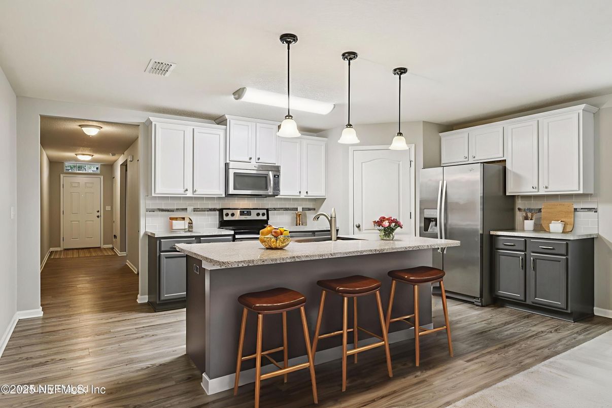 Interior, Kitchen, Pendant Lights, Stainless Steel Appliances, Wood Texture Flooring