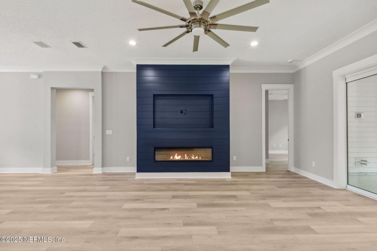 Empty room, Fireplace, Interior, Recessed Lighting, Wood Texture Flooring