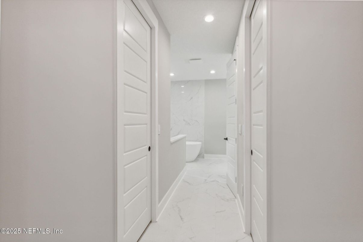 Bathroom, Free Standing Baths, Interior, Marble, Marble Walls, Recessed Lighting