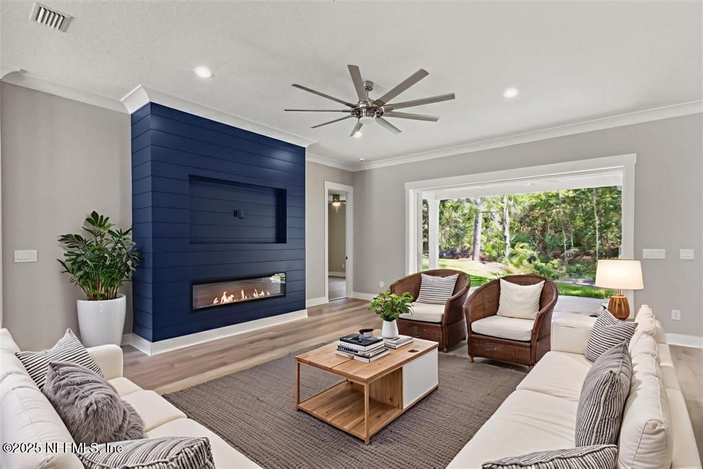 Fireplace, Interior, Living room, Recessed Lighting, Wood Texture Flooring