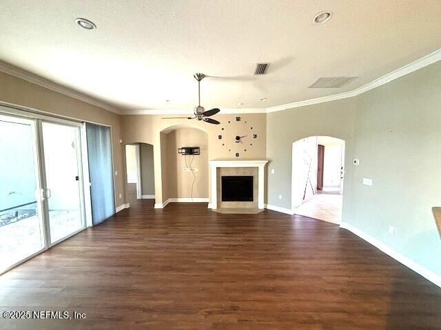 Empty room, Fireplace, Interior, Recessed Lighting, Wood Texture Flooring