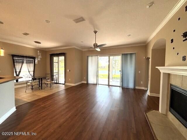 Dining room, Empty room, Fireplace, Interior, Pendant Lights, Recessed Lighting, Wood Texture Flooring