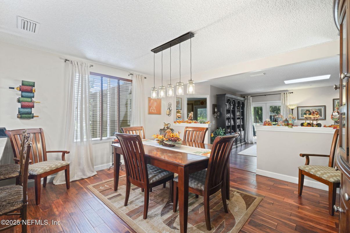 Dining room, Interior, Pendant Lights, Wood Texture Flooring