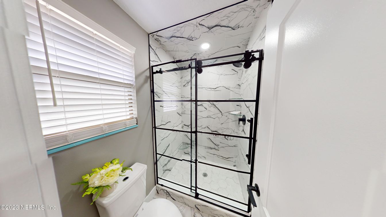 Bathroom, Glass Shower, Interior, Marble, Marble Walls, Recessed Lighting