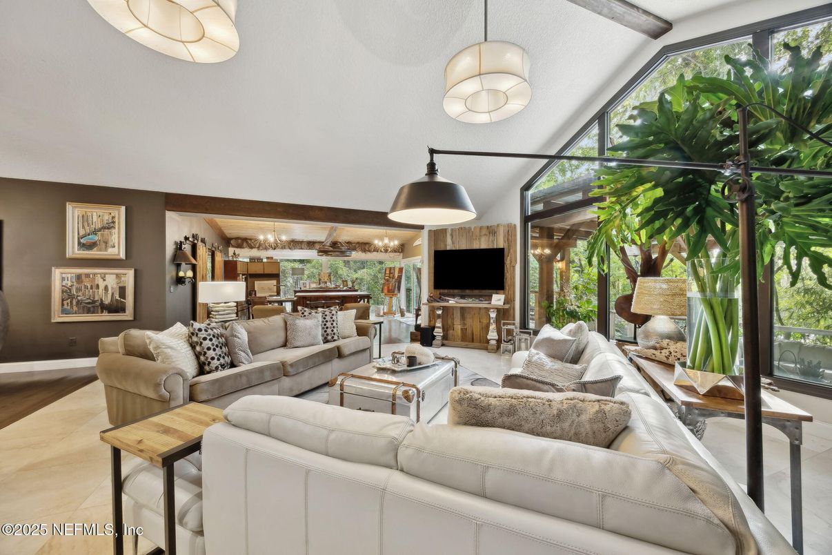 Dining room, Interior, Living room, Pendant Lights, Wood Texture Flooring