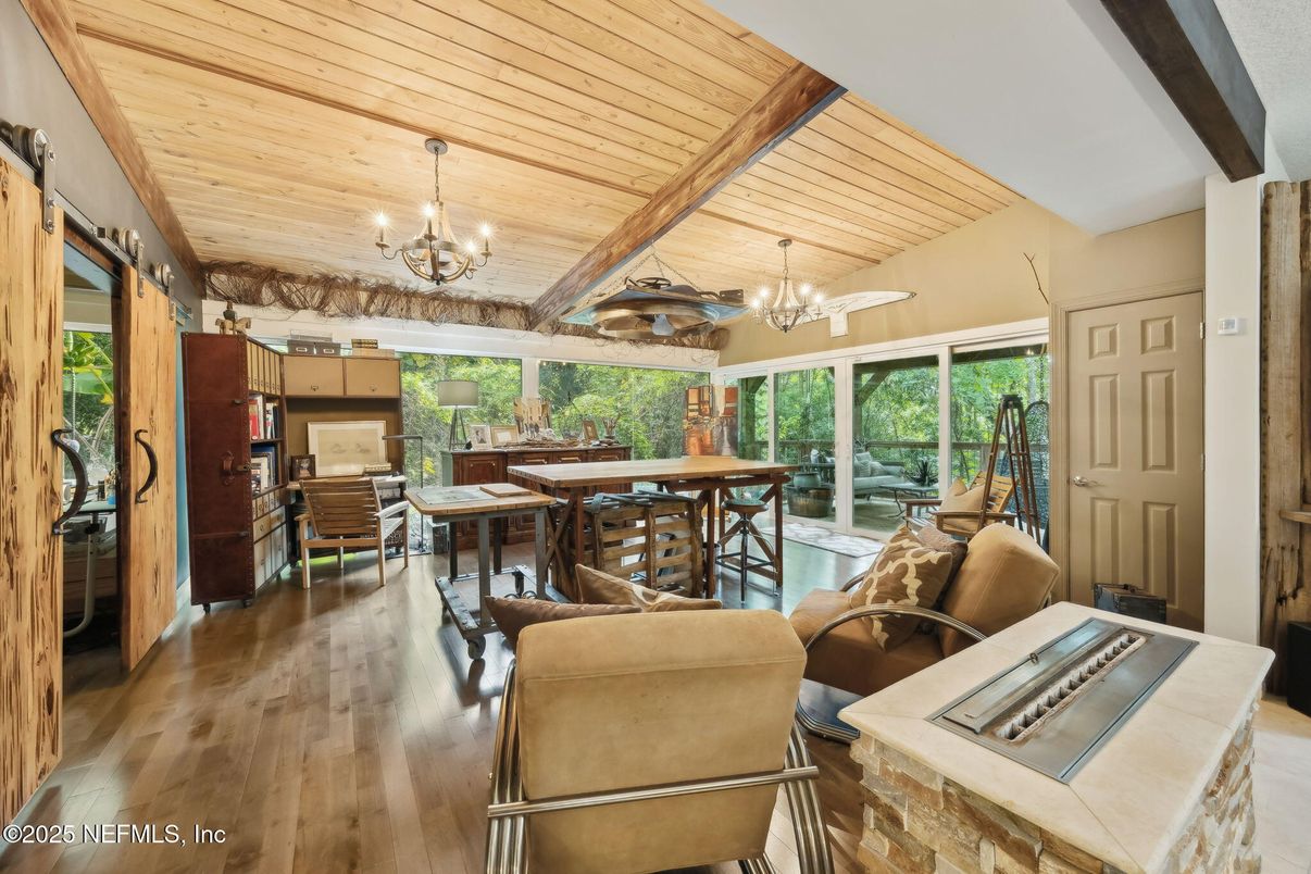 Chandelier, Dining room, Interior, Kitchen, Living room, Wooden Beams, Wooden Ceilings, Wood Texture Flooring