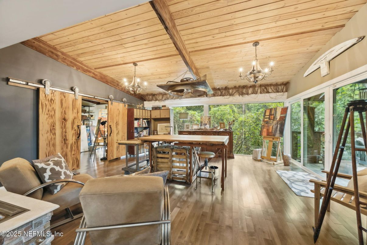 Chandelier, Home Office, Interior, Wooden Ceilings, Wood Texture Flooring